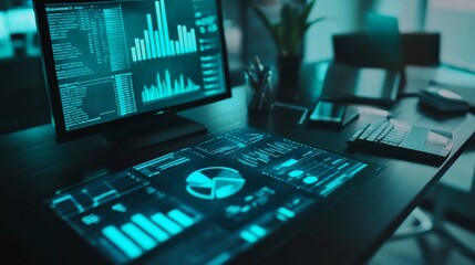 Poster - Futuristic workspace with computer displaying data analytics and charts.