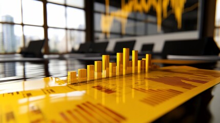 Fototapete - Golden 3D bar graph on financial report in modern office.