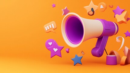 Poster - 3D render of a purple megaphone with social media icons.