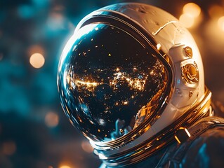 Aufkleber - Close-up of astronaut helmet reflecting city lights at night.