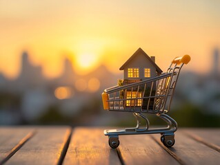 Poster - Miniature house in shopping cart at sunset. (1)
