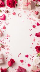 Poster - Romantic frame made of red roses, gifts, hearts and confetti over a white background, perfect for Valentine's Day greetings