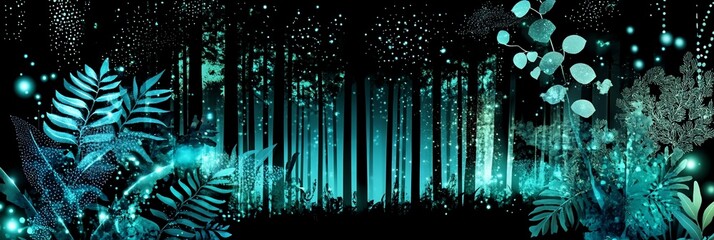 Leinwandbilder - Enchanting teal forest at night with glowing plants and magical sparkles.