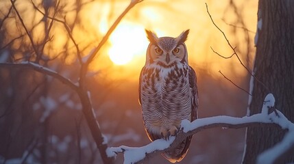 Poster - Majestic great horned owl perched on a snow-covered branch at sunset.