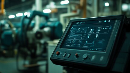 Poster - Industrial control panel with digital display showing machine data in a factory.
