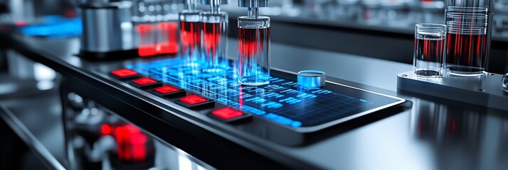 Aufkleber - Futuristic laboratory scene with test tubes, digital interface, and glowing elements.