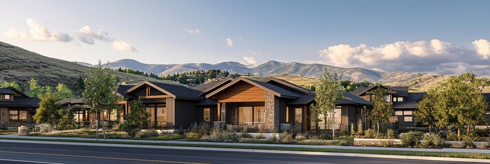 Aufkleber - Mountain view homes; residential houses with stone and wood exteriors, nestled in a scenic landscape.