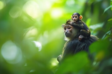 Aufkleber - A mother monkey carries her baby on her back amidst lush green foliage.
