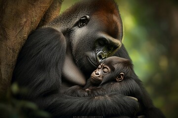 Poster - A mother gorilla gently cradles her sleeping infant.