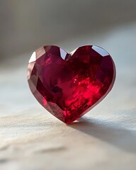 Poster - Close-up of a heart-shaped ruby gemstone on a light surface.