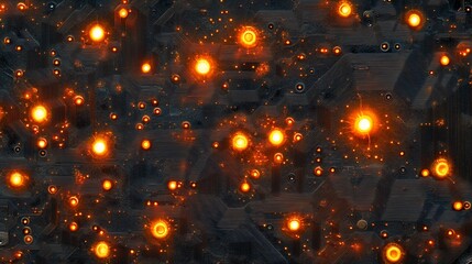 Poster - Abstract dark background with glowing orange lights, resembling a circuit board or technological texture.
