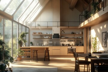 Aufkleber - Sunlit modern kitchen in a spacious, light-filled loft apartment with wooden floors and natural elements.