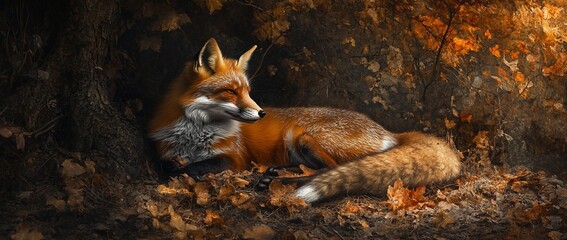 Poster - Red fox resting amidst autumn leaves under a tree.