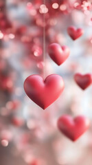 Poster - Red hearts hanging from strings on a blurred background creating a romantic atmosphere for Valentine's Day