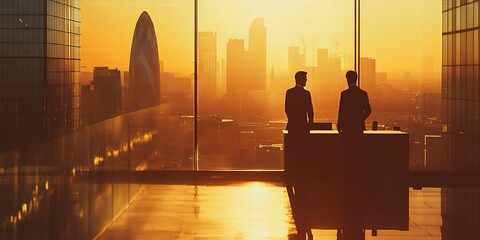 Poster - Two businessmen silhouetted against a cityscape at sunset, viewed from a modern office.