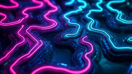 Aufkleber - Abstract neon pink and blue glowing lines on a dark textured surface.