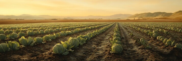Poster - Rows of young cabbages growing in a vast agricultural field at sunrise.