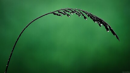 Poster - Close-up of a single, dark-colored grass stalk bending gracefully, adorned with numerous water droplets against a blurred green background.