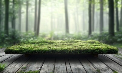 Leinwandbilder - Lush green moss on a wooden platform, set against a blurred forest background.