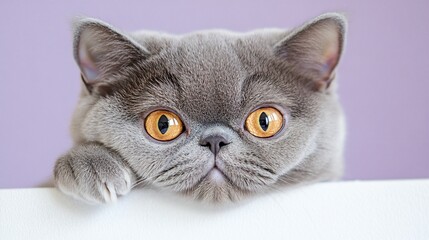 Aufkleber - Close-up of a gray British Shorthair cat with bright orange eyes peering over a white surface against a lilac background.