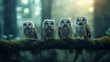 Poster - Four cute owls perched on a mossy branch in a forest, sunlight filtering through trees.