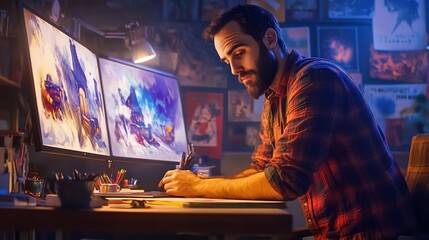 Poster - Focused male artist working on digital painting at his desk, illuminated by desk lamp.