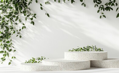 Poster - White stone podiums with green plants and sunlight shadows on white background.