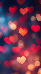 Poster - Soft heart-shaped bokeh glowing with romantic pink and red lighting, symbolizing love