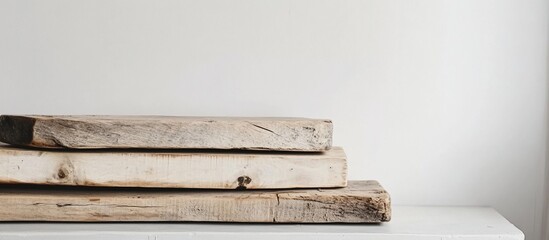 Poster - Stack of three rustic wooden boards on white surface.