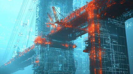 Aufkleber - Futuristic city bridge construction with glowing digital lines and cranes.