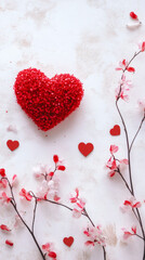 Poster - Valentine's Day composition with red sparkly heart and small red hearts and pink flowers on textured white background