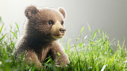 Poster - Adorable brown bear cub sitting in lush green grass.