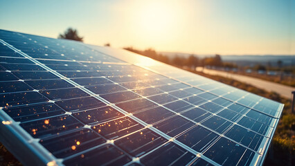 closeup of a solar panel array at sunset