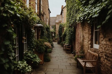 Poster - Ivy-covered stone buildings line a narrow, tranquil alleyway with benches and lush greenery.