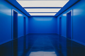 Poster - Minimalist blue hallway with modern lighting and reflective polished floor