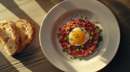 Poster - Top view of  beef tartar with fried egg and bread on wooden table.
