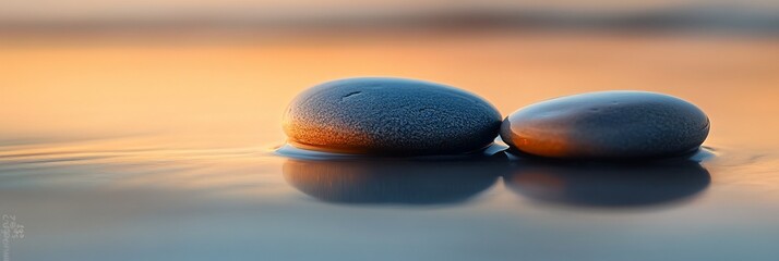 Poster - Two smooth, dark stones rest on calm water at sunset, reflecting the warm light.