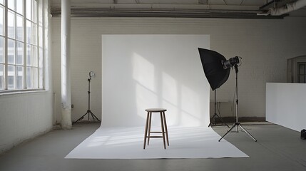 Aufkleber - Empty photography studio with lighting equipment, backdrop, and stool.
