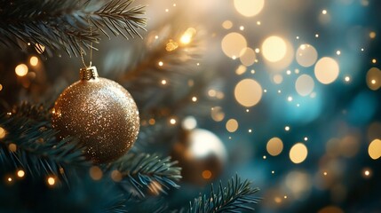 Poster - Golden Christmas ornament hanging on a decorated evergreen tree branch with bokeh lights.
