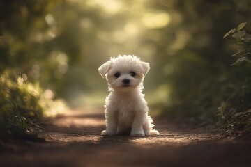 Poster - Adorable white puppy sitting on a forest path, backlit by sunlight.