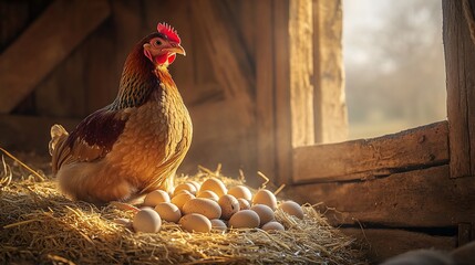 Poster - Hen sitting on a pile of eggs in a rustic barn with sunlight streaming through a window.