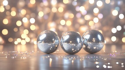 Poster - Three shiny silver disco balls on a surface with bokeh lights in the background.