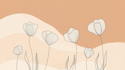 Wall Mural - A minimalist illustration of white flowers against a soft, warm background.