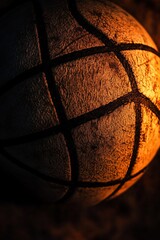 Aufkleber - Close-up of a worn, orange basketball with textured surface and dark background.