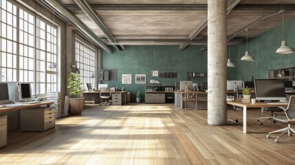 Aufkleber - Sunlit modern industrial office space with wood floors, large windows, and green walls.