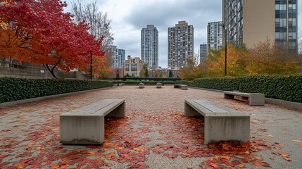 Poster - Autumn leaves cover a paved urban park with benches and tall buildings in the background.