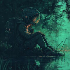 Aufkleber - Astronaut sits pensively by a dark, glowing river in a mysterious forest.