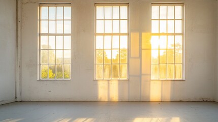 Leinwandbilder - Sunbeams stream through three large windows in an empty, white room.  The floor is bare concrete, and the walls show signs of age.