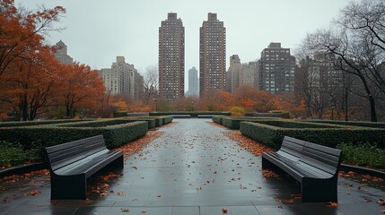 Poster - Rainy autumn day in city park with benches, fallen leaves, and skyscrapers in background.