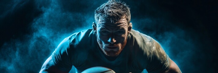 Poster - Determined rugby player in dramatic low-angle shot.
